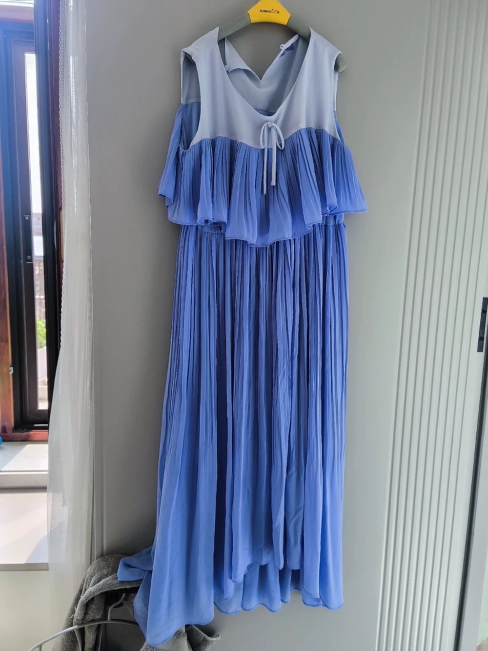 Light Blue Pleated Maxi Dress with Ruffle Bodice